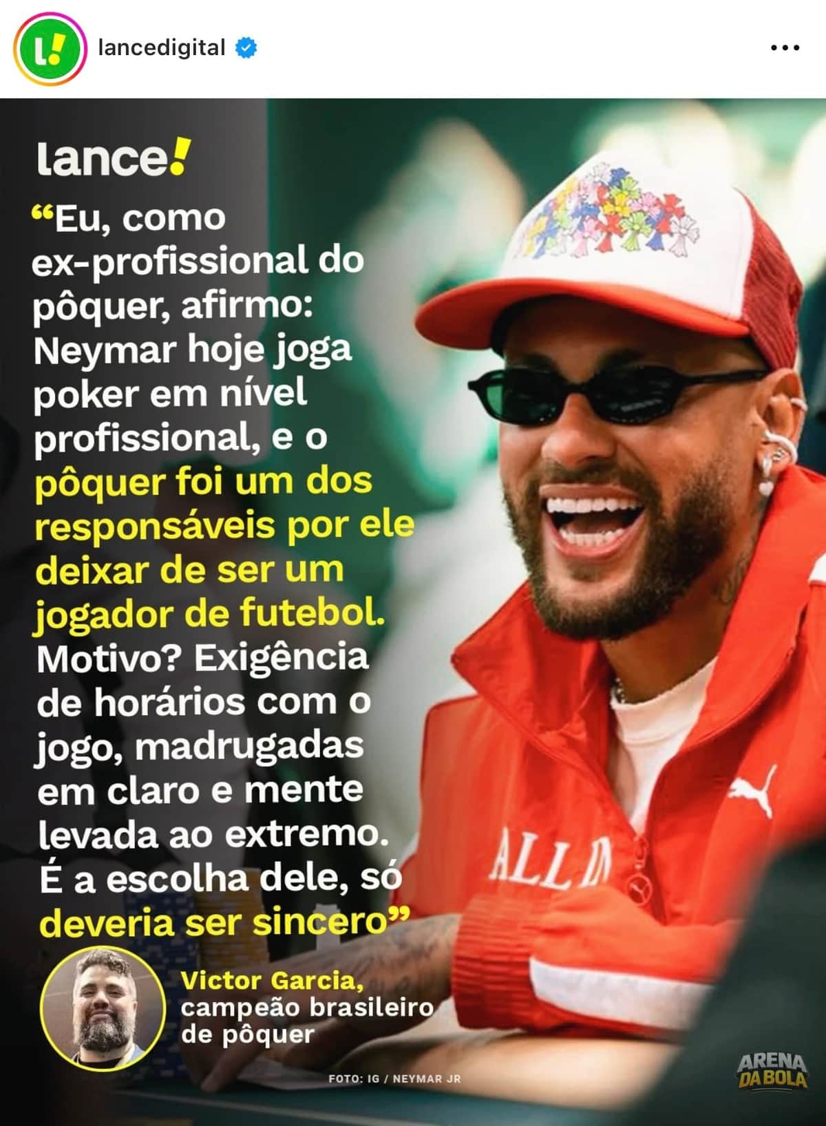 Neymar reage com risadas a declaração de campeão de pôquer sobre abandono do futebol