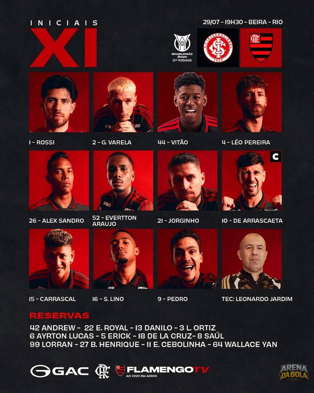 Flamengo define time titular para duelo contra o Internacional