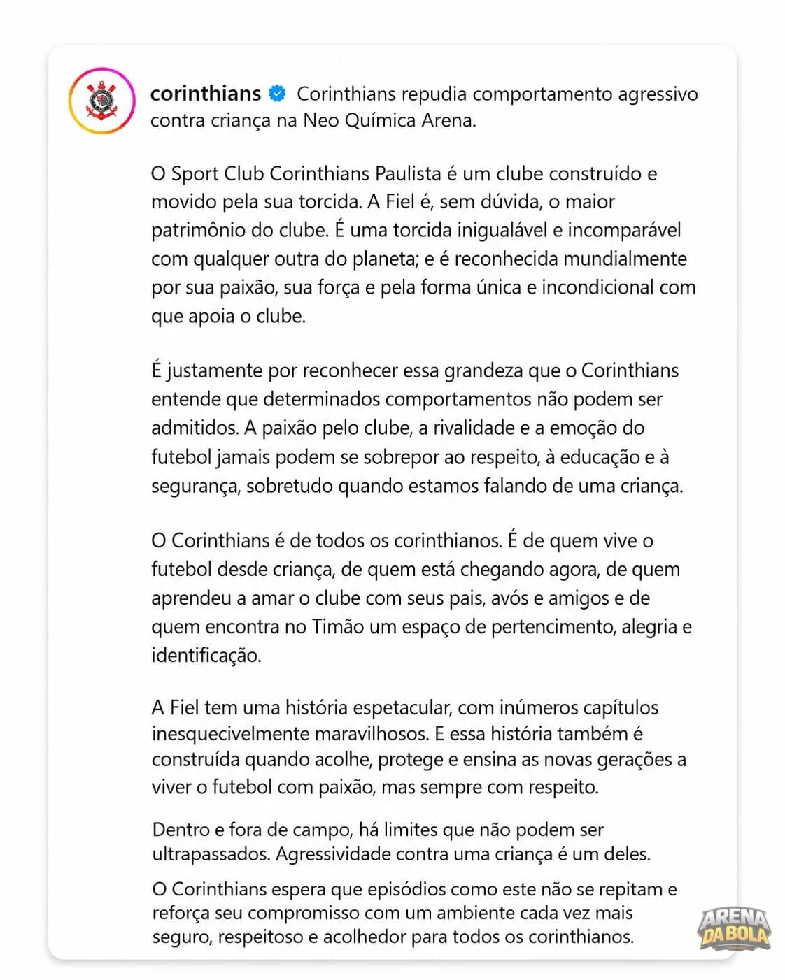 Corinthians repudia agressões contra criança após clássico com o Santos | Brasileirão 2026
