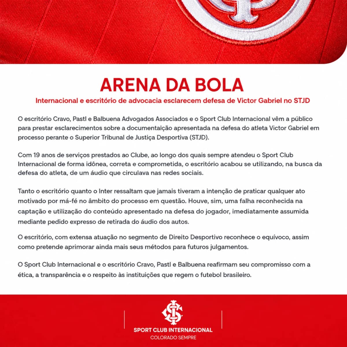 Internacional e escritório de advocacia esclarecem defesa de Victor Gabriel no STJD