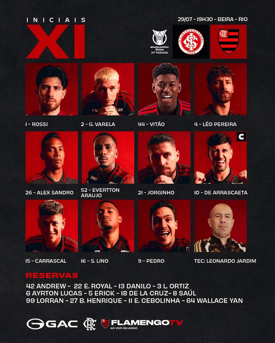 Flamengo define time titular para duelo contra o Internacional