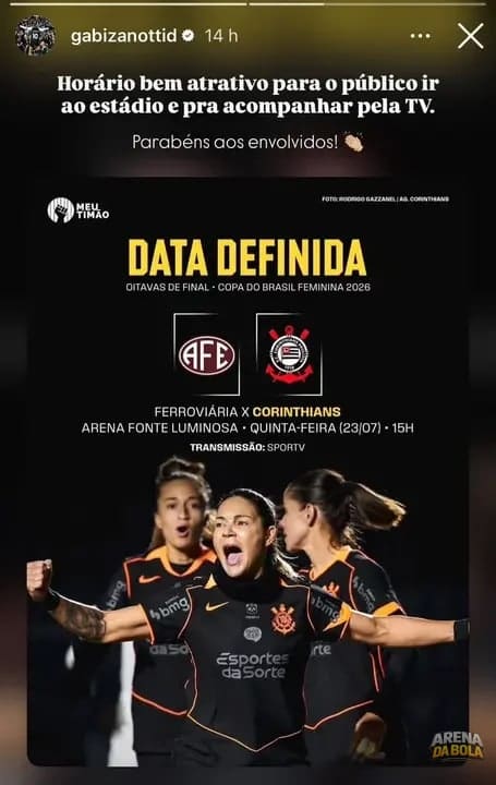 Gabi Zanotti critica horário de jogo da Copa do Brasil: 'Parabéns aos envolvidos'