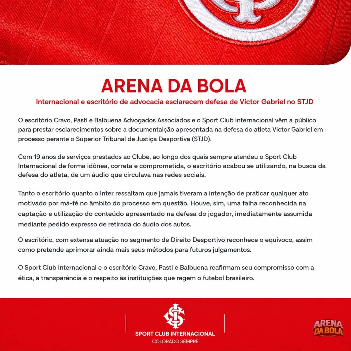 Internacional e escritório de advocacia esclarecem defesa de Victor Gabriel no STJD