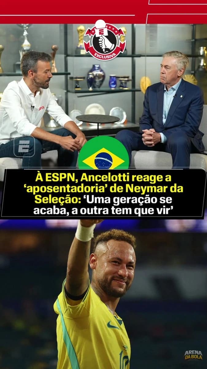 Neymar foi tema da primeira entrevista exclusiva de Carlo Ancelotti desde a eliminação com o Brasil na Copa do Mundo dia