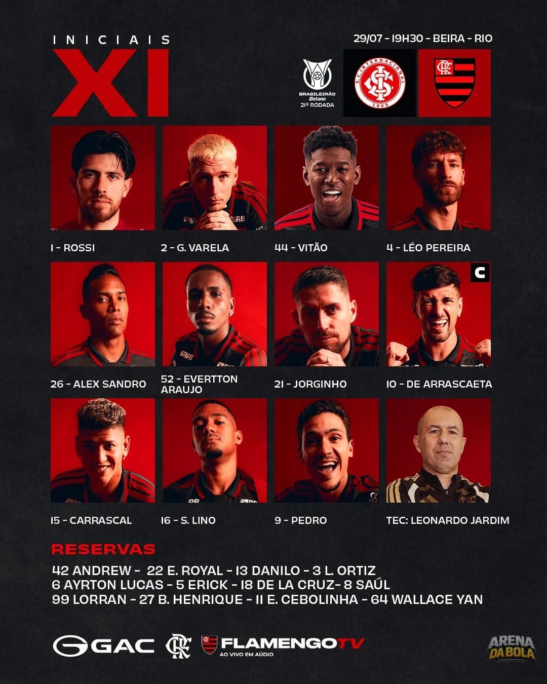 Flamengo define time titular para duelo contra o Internacional