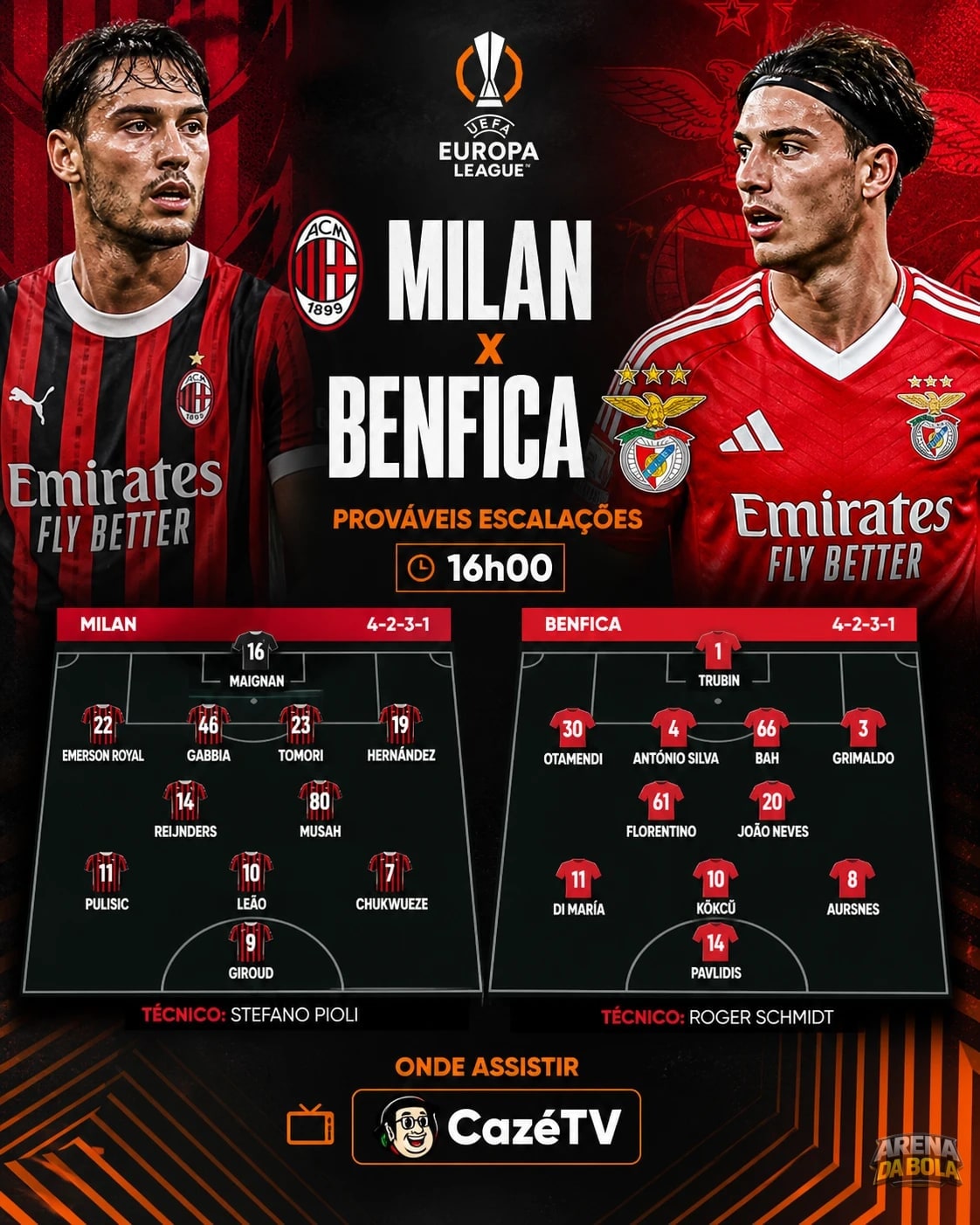 Milan x Benfica: horário e local da estreia na Liga Europa 2026/27