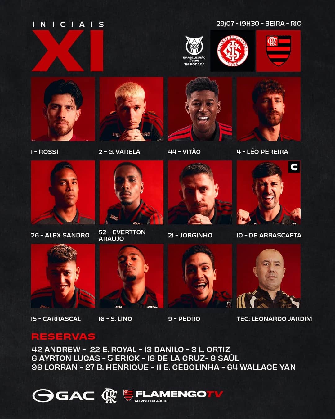 Flamengo define time titular para duelo contra o Internacional